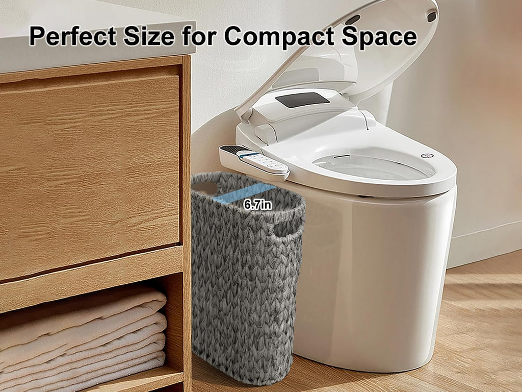 Coeusy Wicker Trash Can, Small Bahtroom Waste Basket, 5 Gallon, Grey