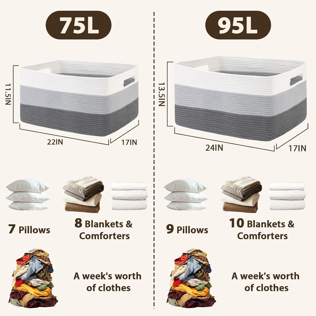 Optish 95L Large Woven Blanket Basket, Storage Basket with Handles, Grey