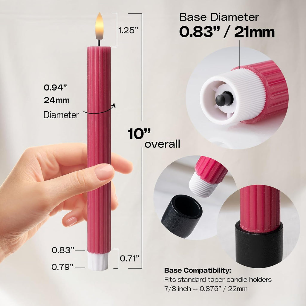 10" Fluted Ribbed LED Pink Grooved Real Wax Taper Candles, Remote & 24h Timer Memory, On/Off Switch - Flameless Dimmable Battery Operated w/Flicker Mode, Home Wedding Decor (6 Pack)