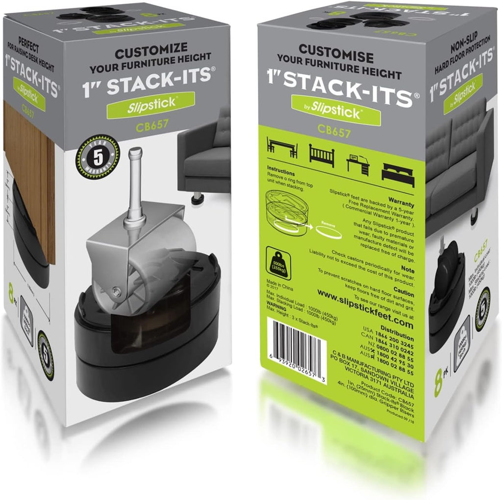 Slipstick Stack-Its 1 Inch Adjustable Bed Risers/Furniture Risers (Set of 8) Lifts Height 1", 2" or 3" – Black Heavy Duty Risers for Desks, Couches, Sofas, Beds, Tables, Dressers, and More