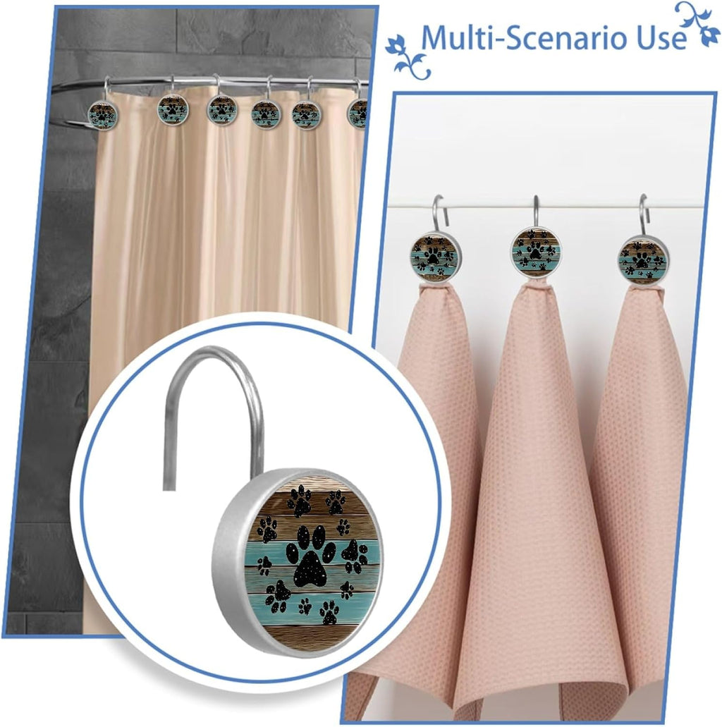 12 Pcs Teal Brown Wood Grain Galaxy Paws Shower Curtain Hooks, Decorative Shower Curtain Rings for Bathroom, Stainless Steel Rustproof Curtain Rings Hangers for Shower Curtain Rod