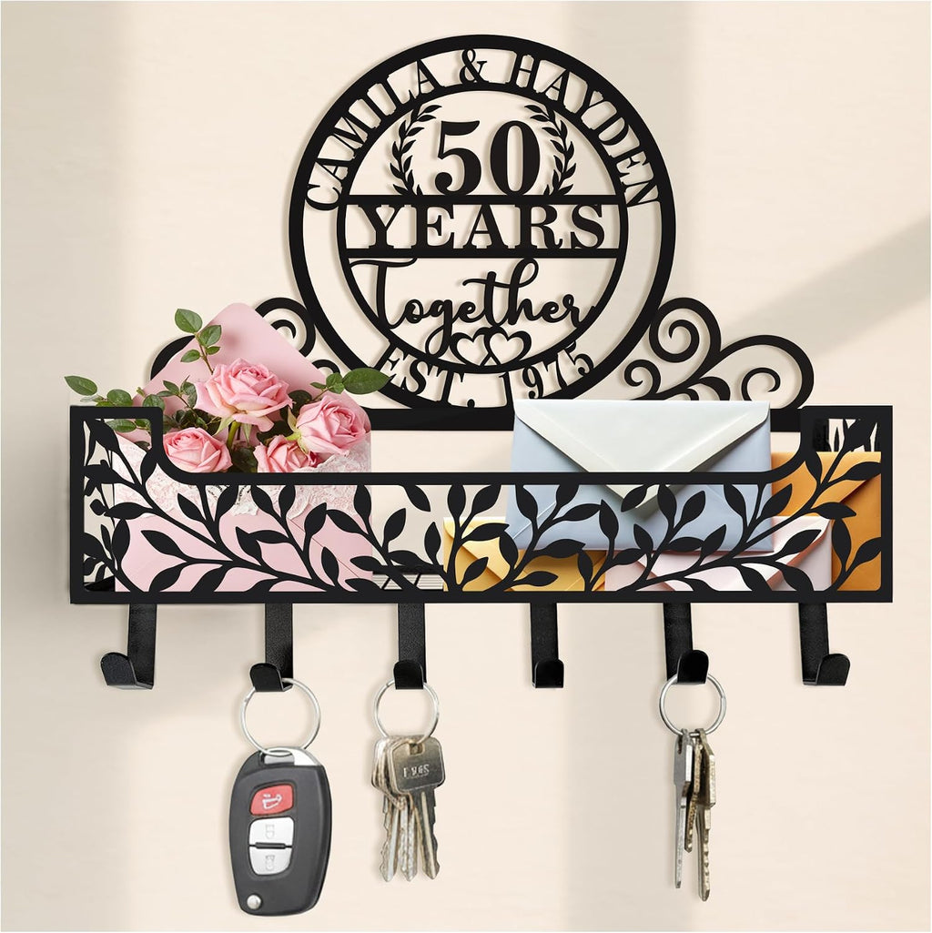 Personalized Metal Anniversary Wedding Gift Key and Mail Holder, Wall Mount Entryway Organizer with Hooks, Custom Key Rack for Kitchen, Bathroom, and Home Storage