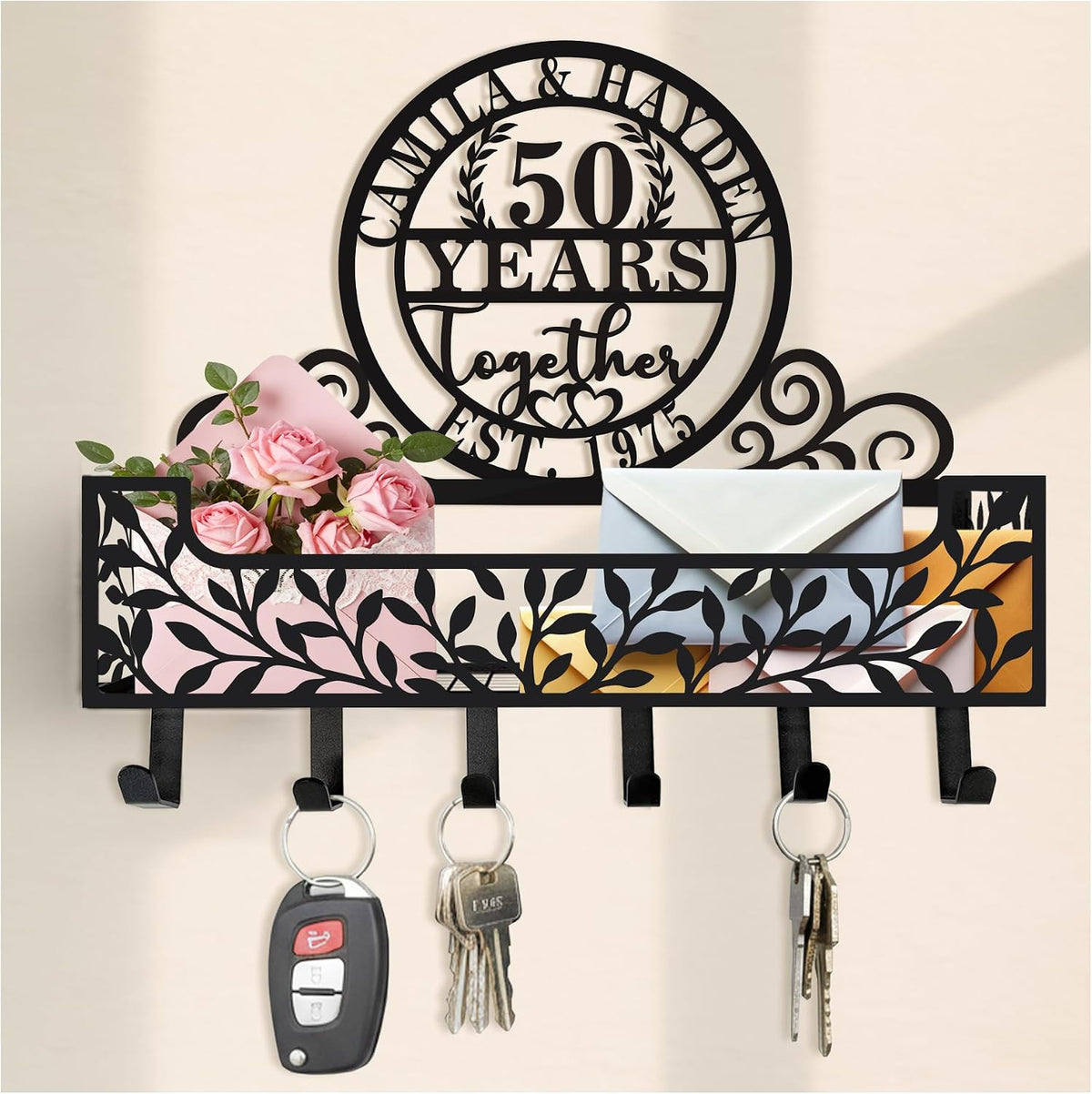 Personalized Metal Anniversary Wedding Gift Key and Mail Holder, Wall Mount Entryway Organizer with Hooks, Custom Key Rack for Kitchen, Bathroom, and Home Storage