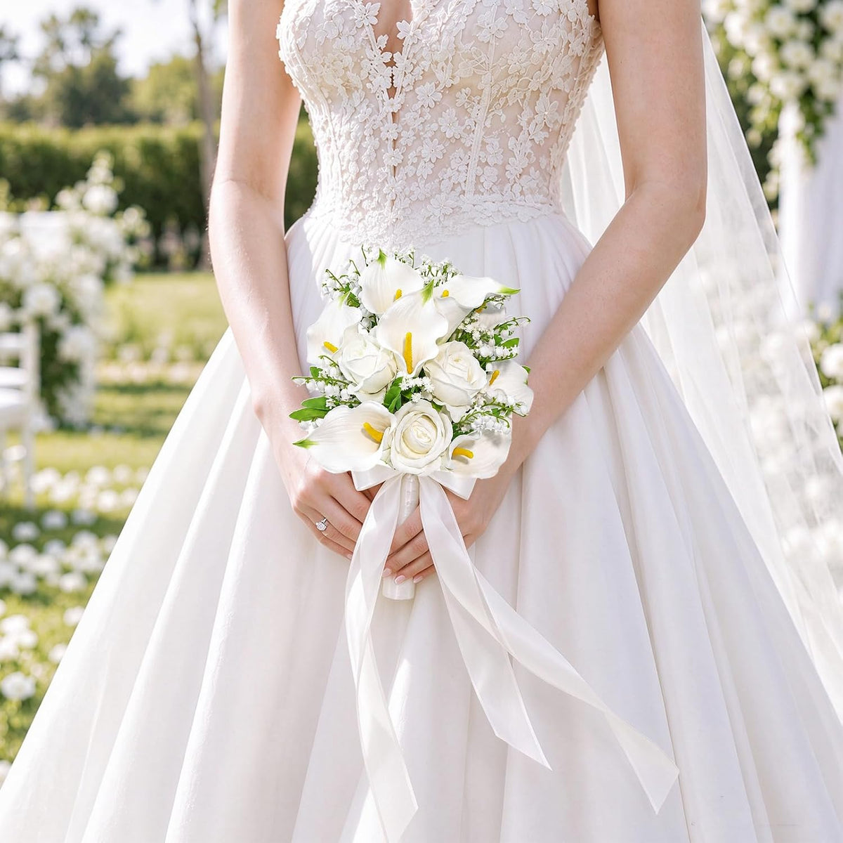 Wedding Bouquets for Bride Bridesmaid 13.8 Inch Ivory White Calla Lilies Artificial Roses Flowers Bridal Bouquets for Bride Wedding Marriage Proposal Party Church Decoration