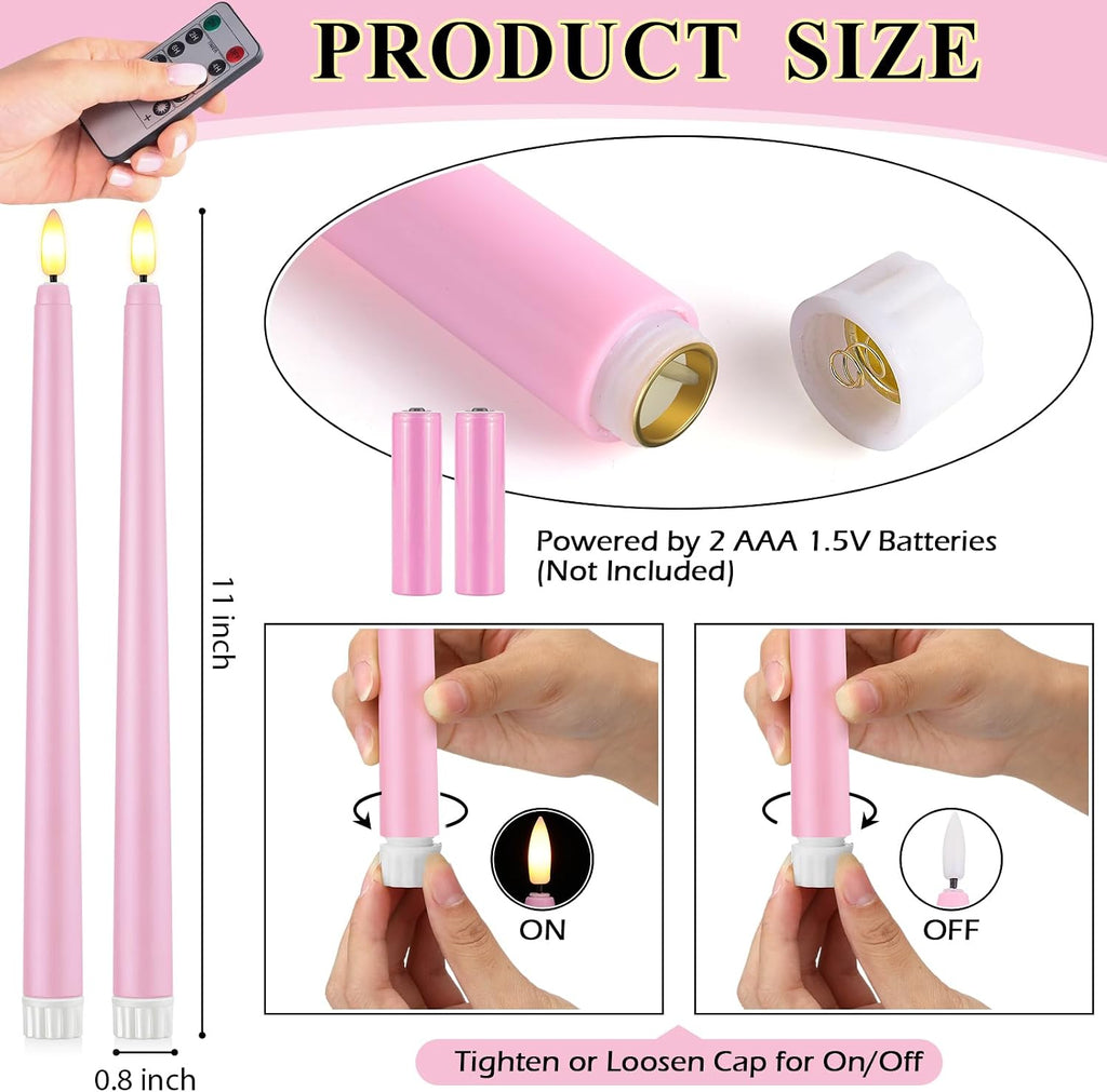 Reginary 48 Pcs Flameless Taper Candles with 4 Remote,Pink,11 Inches