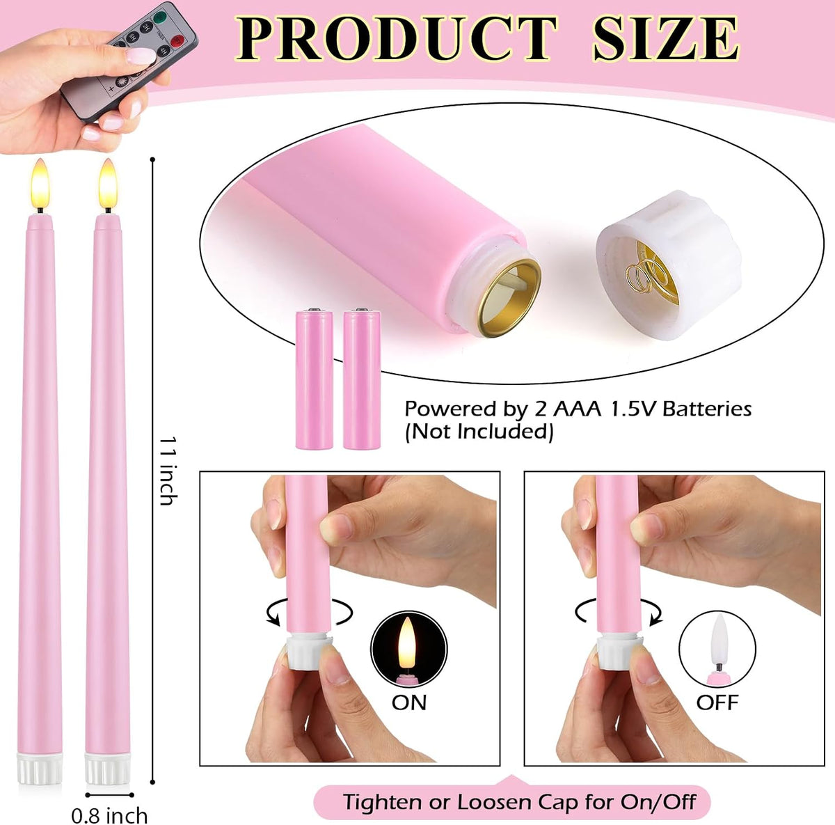 Reginary 48 Pcs Flameless Taper Candles with 4 Remote,Pink,11 Inches
