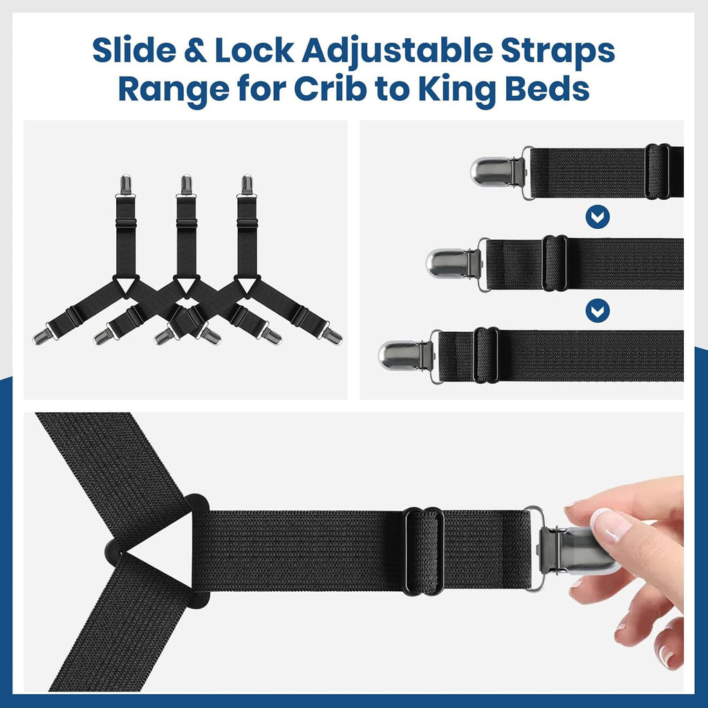 FeelAtHome Adjustable Bed Sheet Clips & Corner Fasteners, 4 Pack, Black