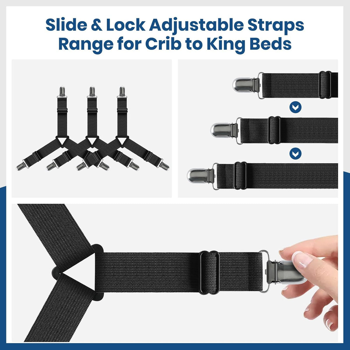 FeelAtHome Adjustable Bed Sheet Clips & Corner Fasteners, 4 Pack, Black