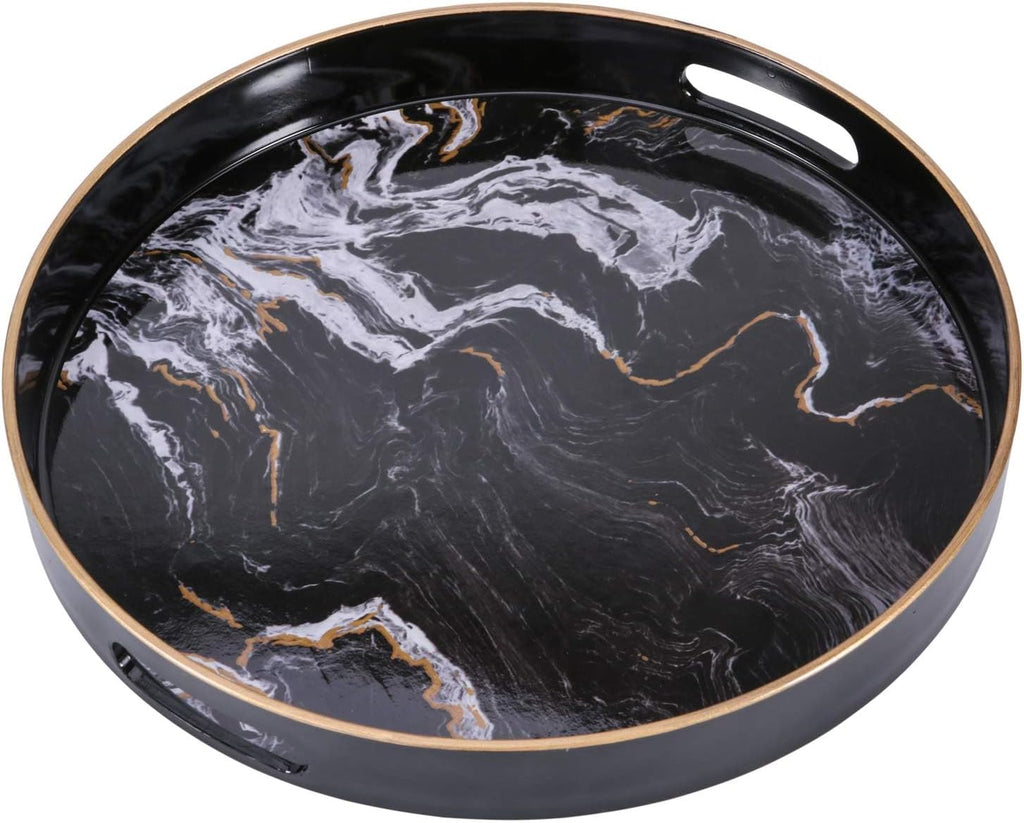 Round Decorative Tray, Marbling Plastic with Handles, Modern Vanity and Serving for Ottoman, Coffee Table, Kitchen and Bathroom, Size 13", Black