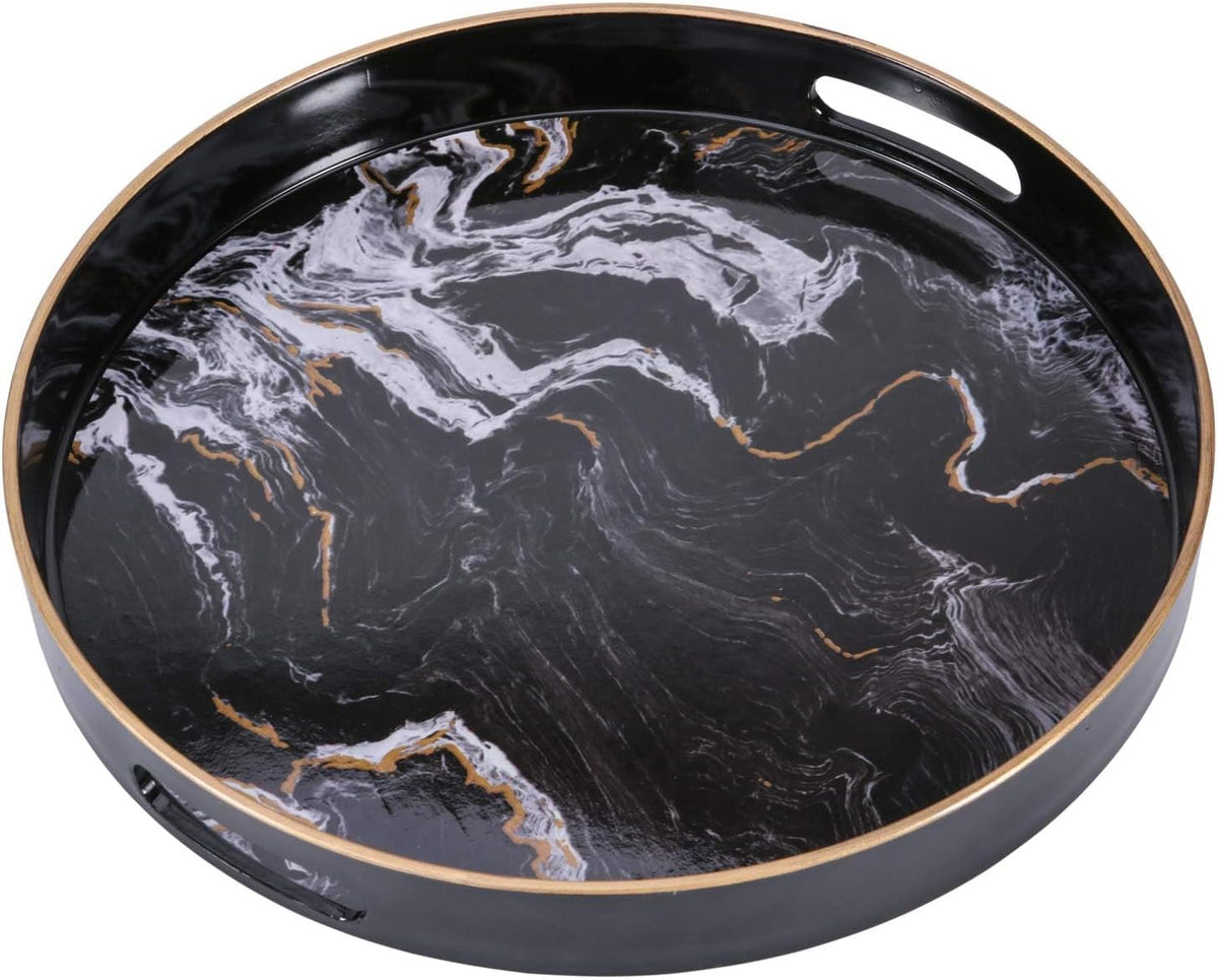 Round Decorative Tray, Marbling Plastic with Handles, Modern Vanity and Serving for Ottoman, Coffee Table, Kitchen and Bathroom, Size 13", Black