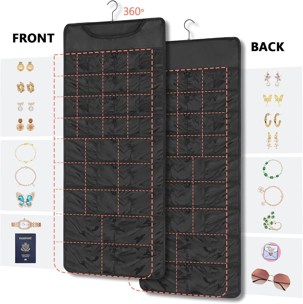 FOREGOER Hanging Jewelry Organizer 58 Zippered Pocket, 2-Sided, Black