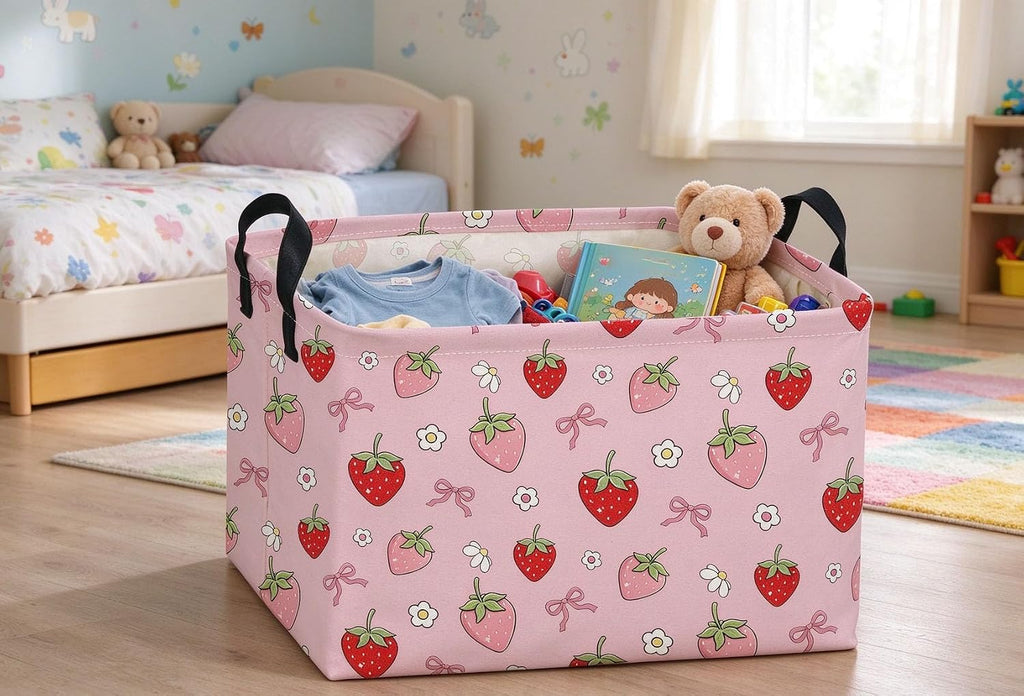 Rectangle Strawberry Baskets Pink Basket Cute Storage Bin for Room Decor Gift Basket(Bow strawberry)