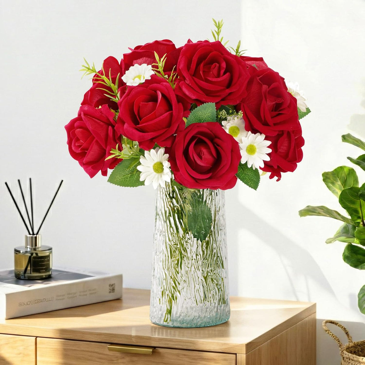 Lifewit Classic Red Artificial Roses Flowers, Faux Long Stem Roses Bulky