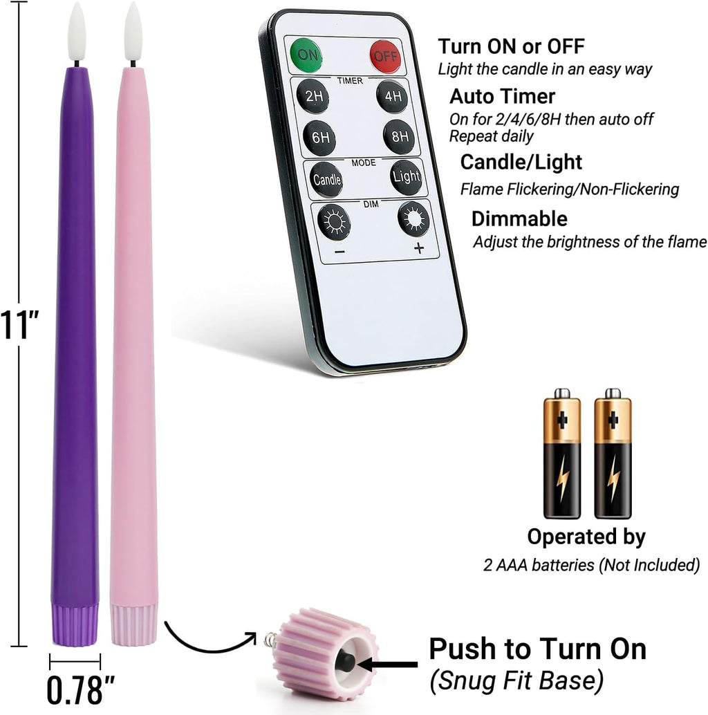 Stmarry Flameless Advent Candles, Set of 4 - Flickering LED Flame, 11 Inch Taper Candlesticks, Remote Controlled, Purple and Pink for Christmas Wreath