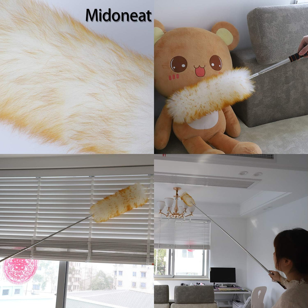 Midoneat Lambswool Duster with Extra Flexible Microfiber Head,Long Reach/Extendable Duster Up to 86" for Cleaning High Ceiling Fan, Interior Roof, Cobweb, Keyboard, Furniture