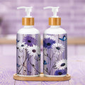 Potchen 2 Pack Glass Soap Dispenser Set Bathroom Decor Housewarming Gift Glass Soap Dispenser with Pump Wood Tray Home Decoration for Kitchen Bathroom (Purple Daisy)