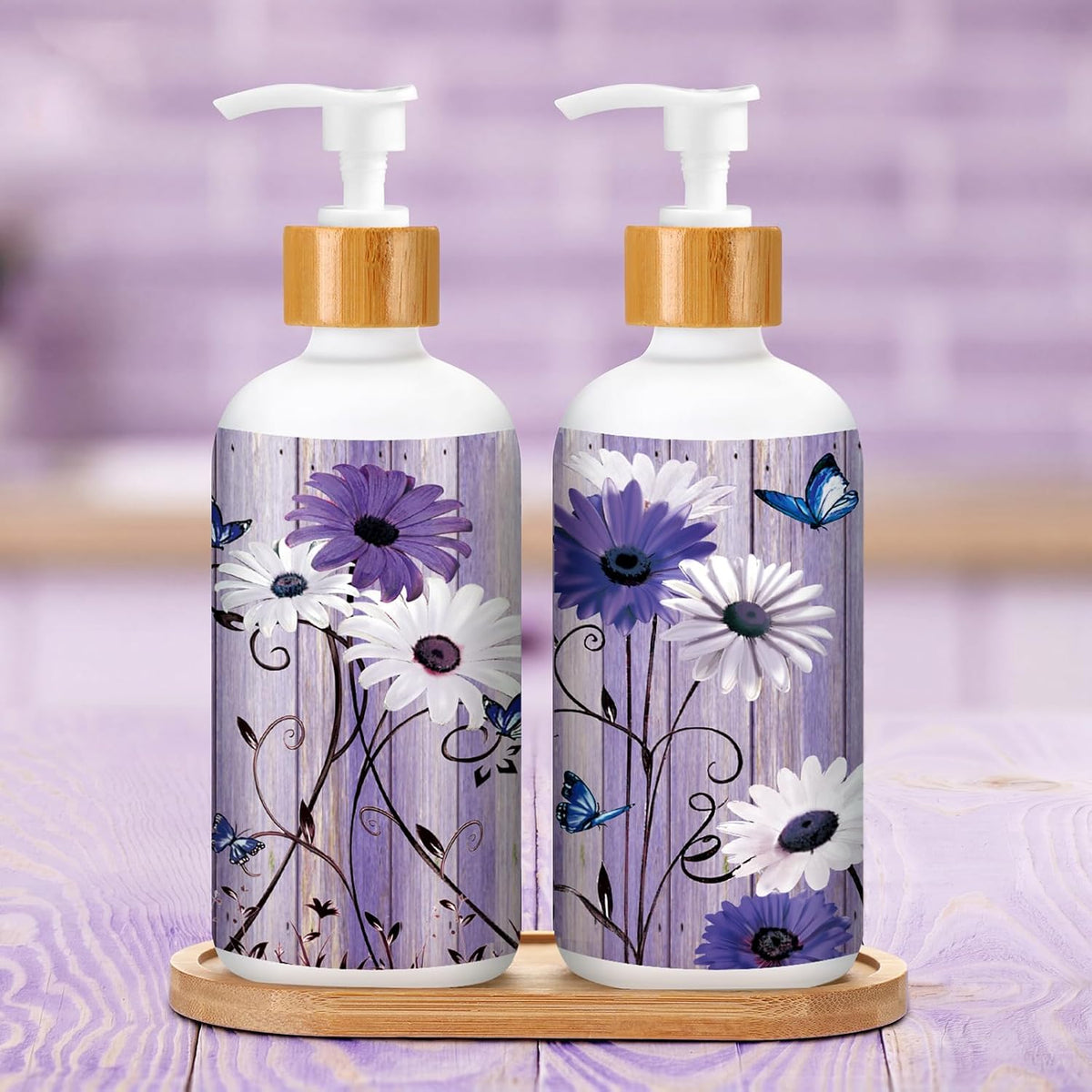 Potchen 2 Pack Glass Soap Dispenser Set Bathroom Decor Housewarming Gift Glass Soap Dispenser with Pump Wood Tray Home Decoration for Kitchen Bathroom (Purple Daisy)