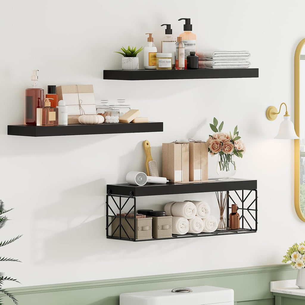 RALGEND Floating Shelves for Wall, 23.6" Bathroom Shelves Over Toilet Set of 3, 1.5" Thick Hanging Wall Mounted Shelf Storage, Farmhouse Home Decor for Bedroom, Living Room, Kitchen, Black 6001BJBB