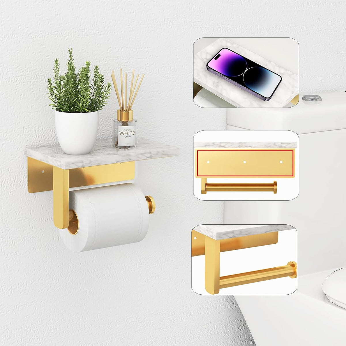 Gypie Toilet Paper Holder with Marble Shelf, Wall Mounted Gold