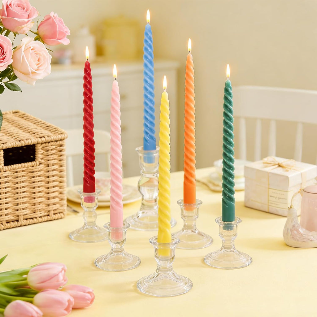 Whaline 12 Pcs 10 Inch Colored Spiral Taper Candles 12 Colors Dripless Twisted Wax Candles Long Unscented Candle Sticks for Holiday Celebration Display Home Decoration