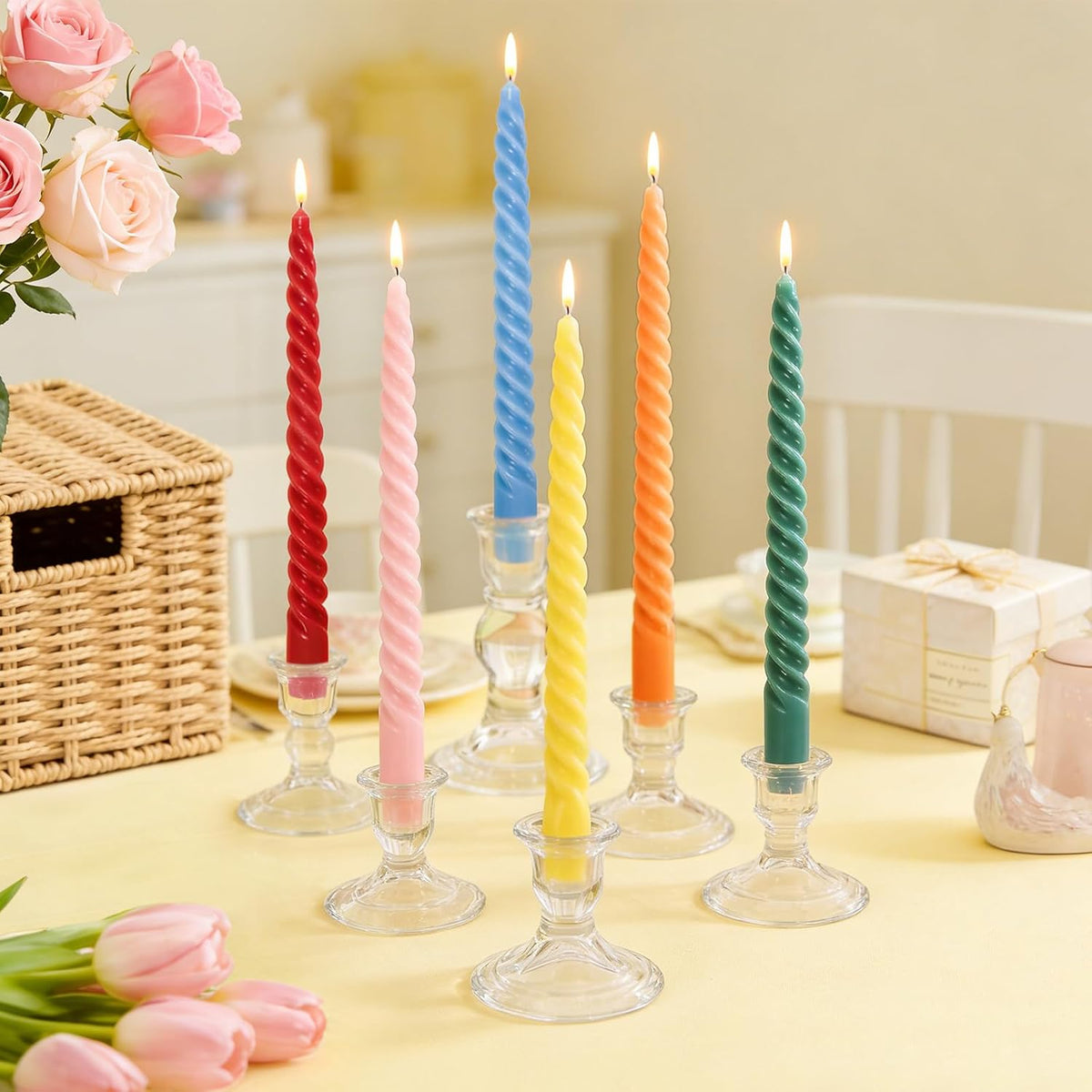 Whaline 12 Pcs 10 Inch Colored Spiral Taper Candles 12 Colors Dripless Twisted Wax Candles Long Unscented Candle Sticks for Holiday Celebration Display Home Decoration
