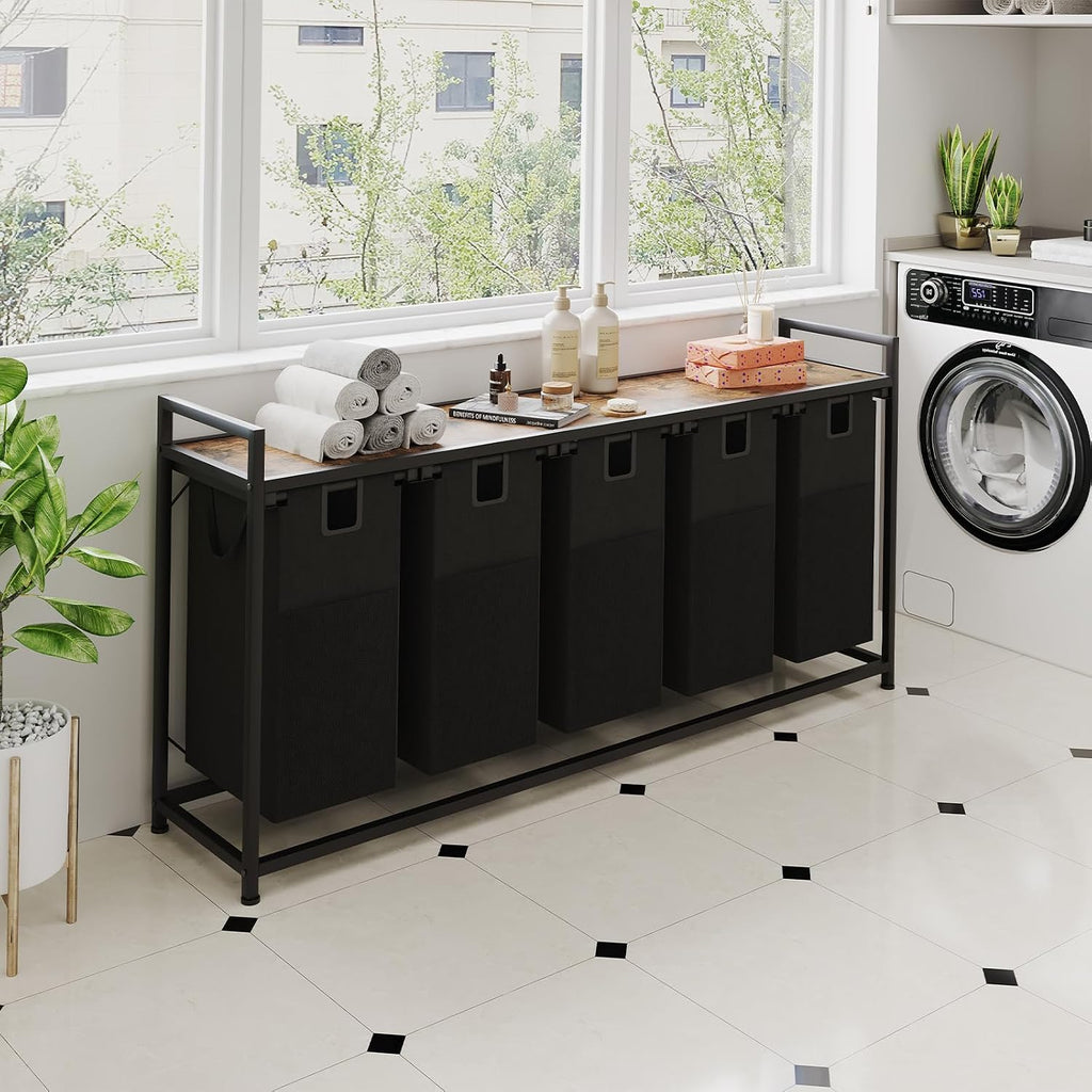 5 Bin Laundry Hamper w/Folding Table, Laundry Basket w/Removable Bags