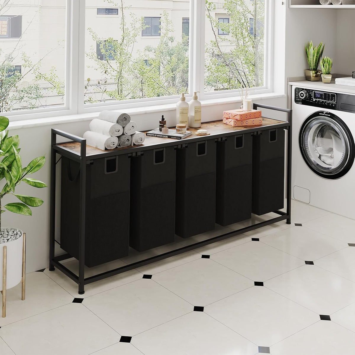 5 Bin Laundry Hamper w/Folding Table, Laundry Basket w/Removable Bags