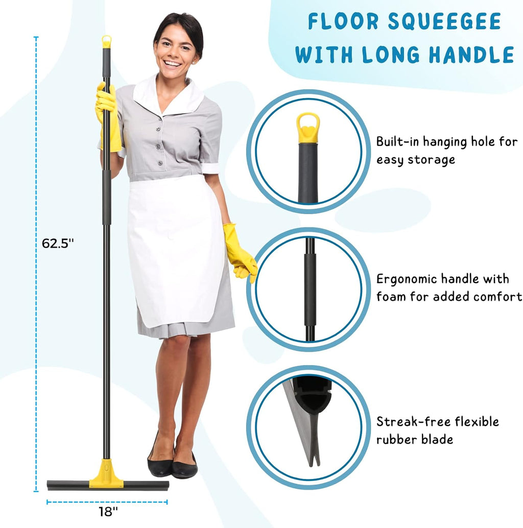 Squeegee Broom for Floor, 18'' Heavy Duty Water Wiper with Long Handle