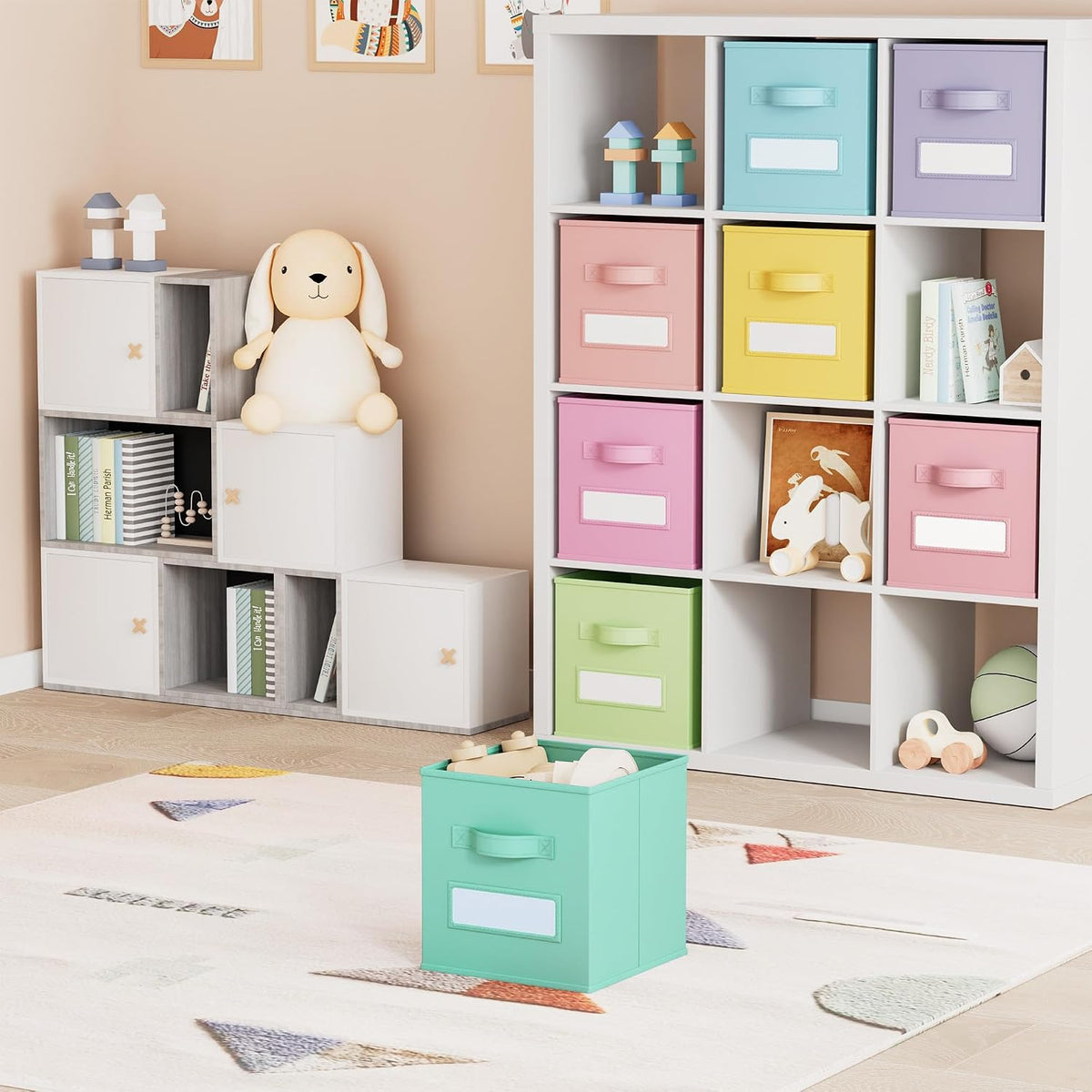 11 inch Fabric Storage Cubes 8 Pack with labels Window, Foldable Storage Bins for Shelves and Closet Organizers, Colorful Storage Basket for Nursery Kids Room Clothes Book Toy
