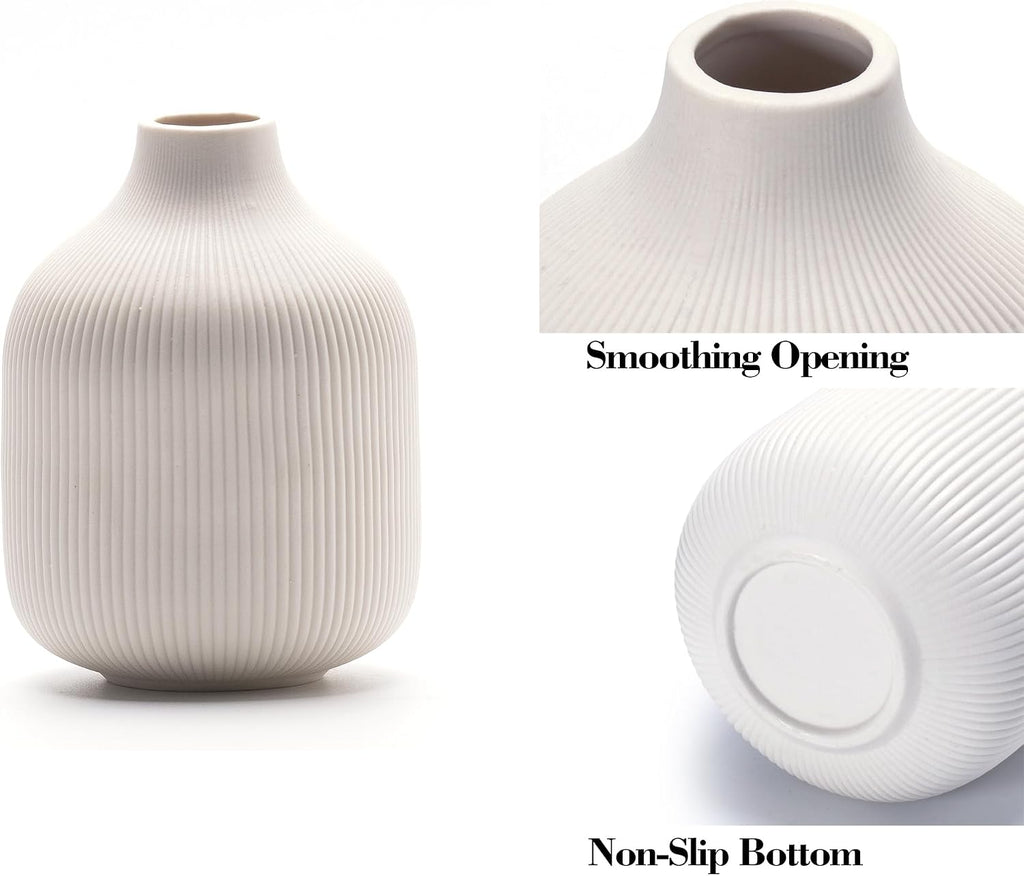White Ceramic Vases for Decor, 3 Set Small Modern Minimalist Ribbed Vases Decorative for Table Shelf Decor Bookshelf Decoration Vase