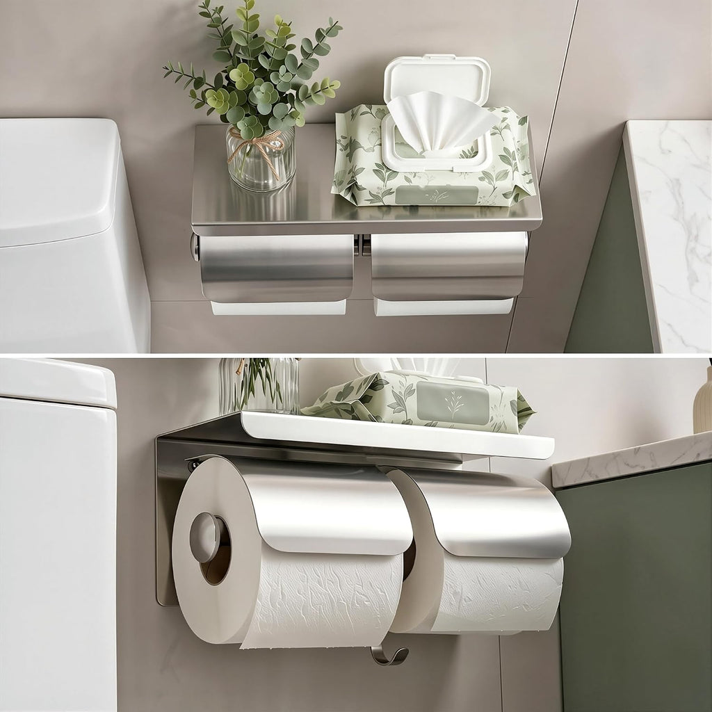 Double Toilet Paper Holder with Phone Storage Shelf Polished Chrome