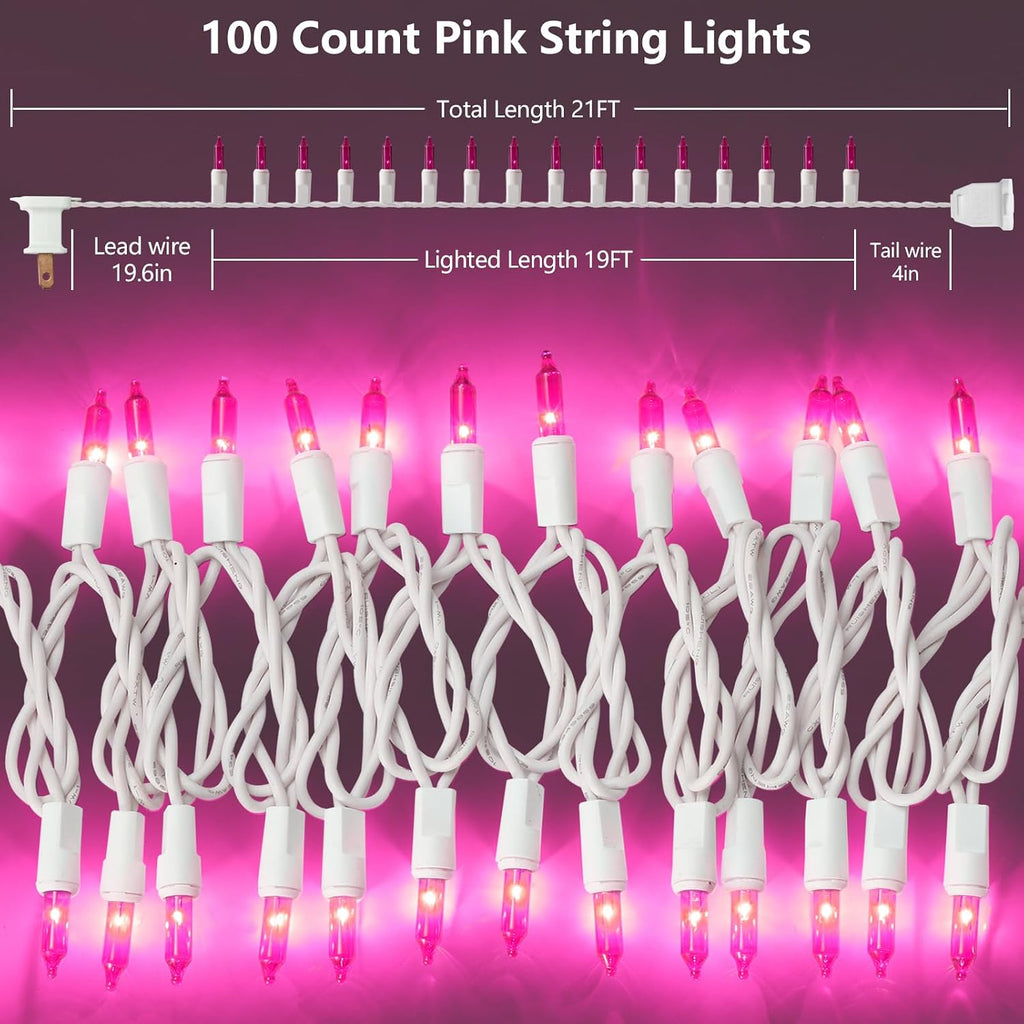 TIGOMOOV Pink Christmas String Lights 100 Count, 21ft White Wire Incandescent Mini Lights, UL Certified 120V Plug in Connectable Indoor Outdoor, Christmas Tree Valentine's Day Wedding Bedroom Decor