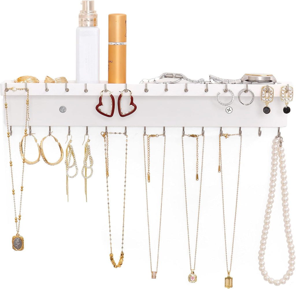 Necklace Holder Wall Mount,Jewelry Organizer with 30 Hooks,White