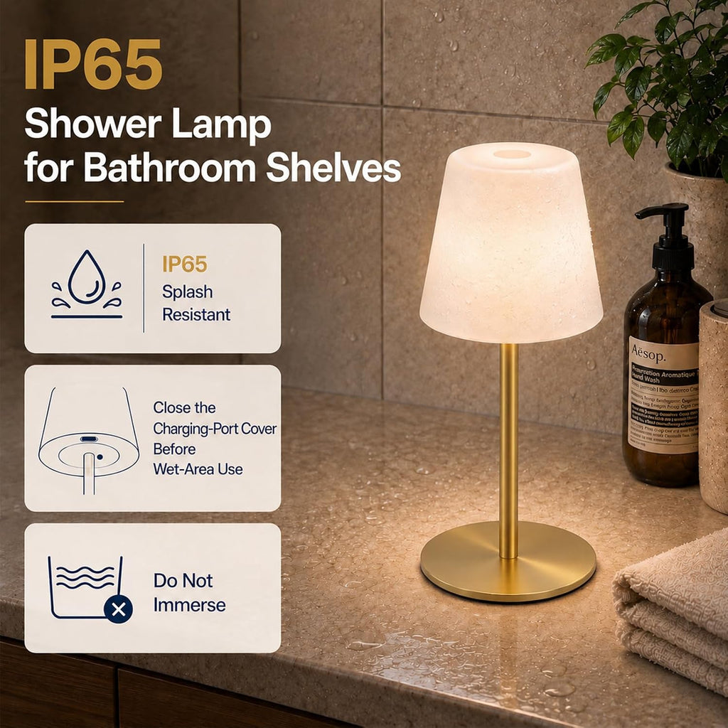 IP65 Waterproof Shower Lamp, Cordless Rechargeable Table Lamp, Gold