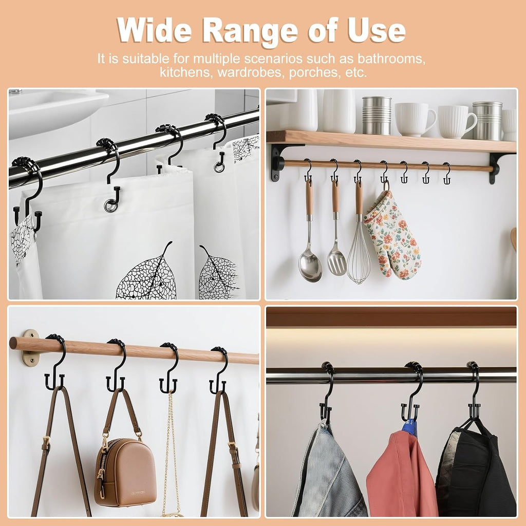 BBV Shower Curtain Hooks Rings, 12 Pcs Rust Resistant Metal Double Glide Shower Hooks for Bathroom Shower Rods Curtains(Black)
