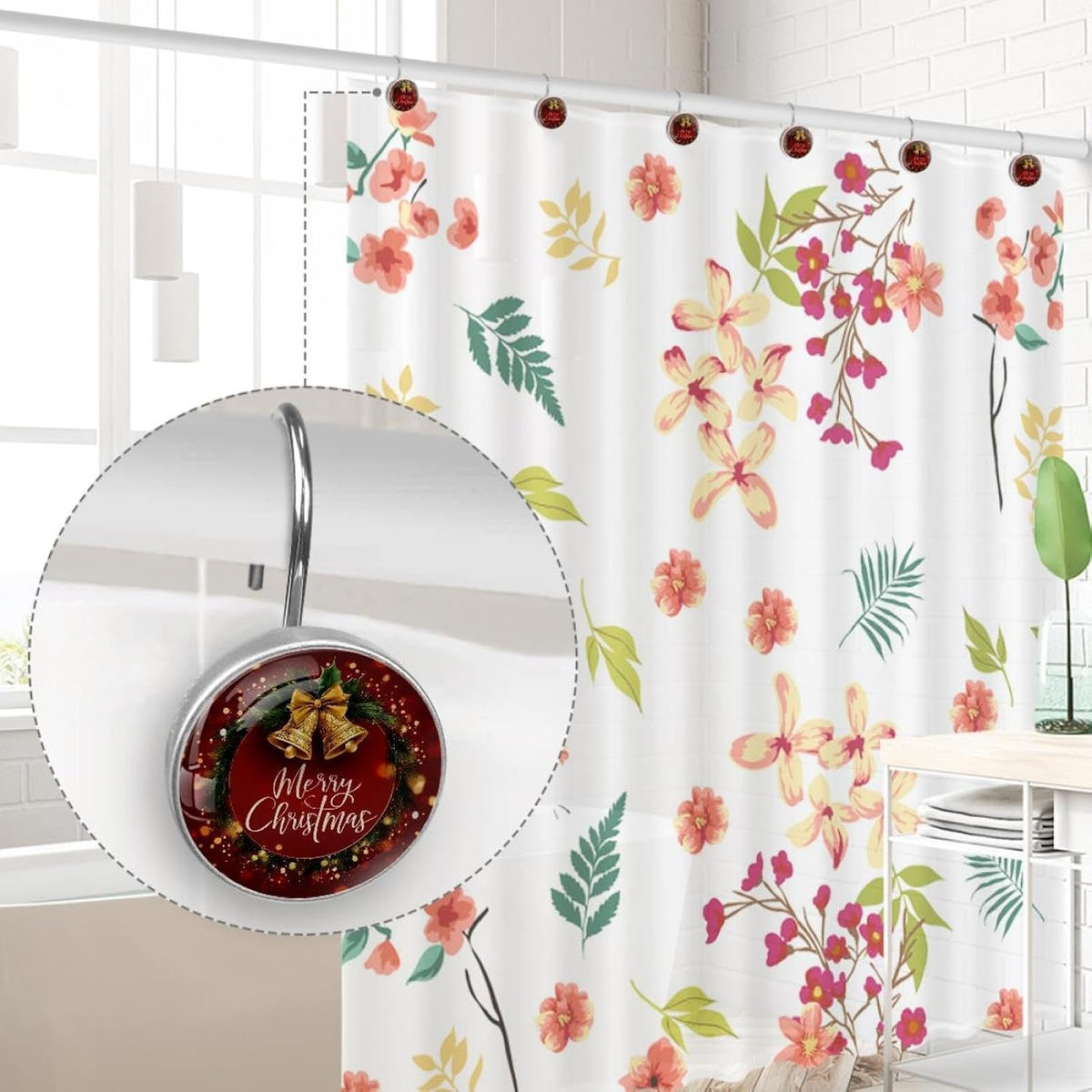 12 PCS Merry Christmas Shower Curtain Hooks, Rustproof Stainless Steel Decorative Shower Curtain Rings Hangers for Bathroom Living Room Bedroom Curtains Rods