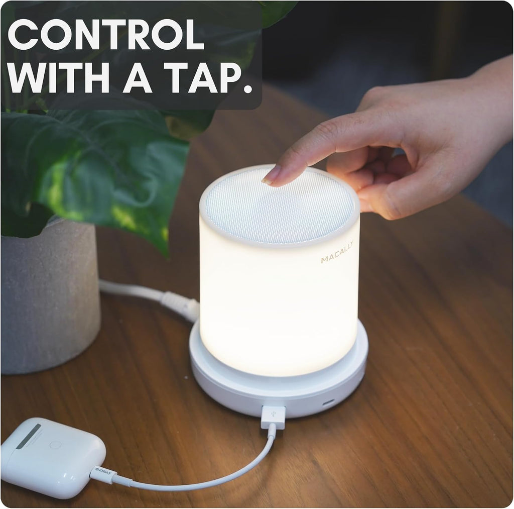 Macally Small Bedside Lamp with USB Ports (USB C + A) - Fast Charging Bedside Light and 3 Way Dimmable Touch Lamp for Nightstands - Great as a Night Light and Charger for Bedrooms