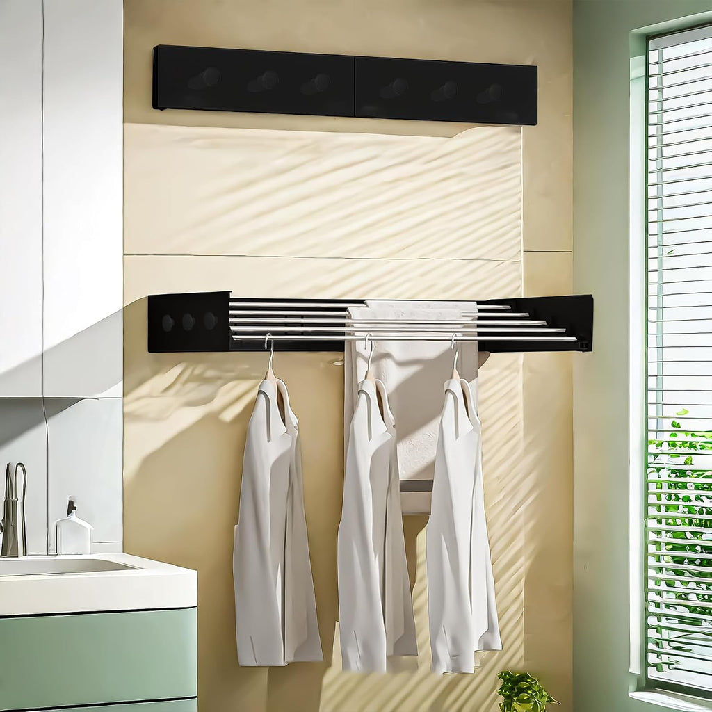 Laundry Drying Rack Collapsible, Wall Mounted, The Surface has Hooks (Black-31.5")