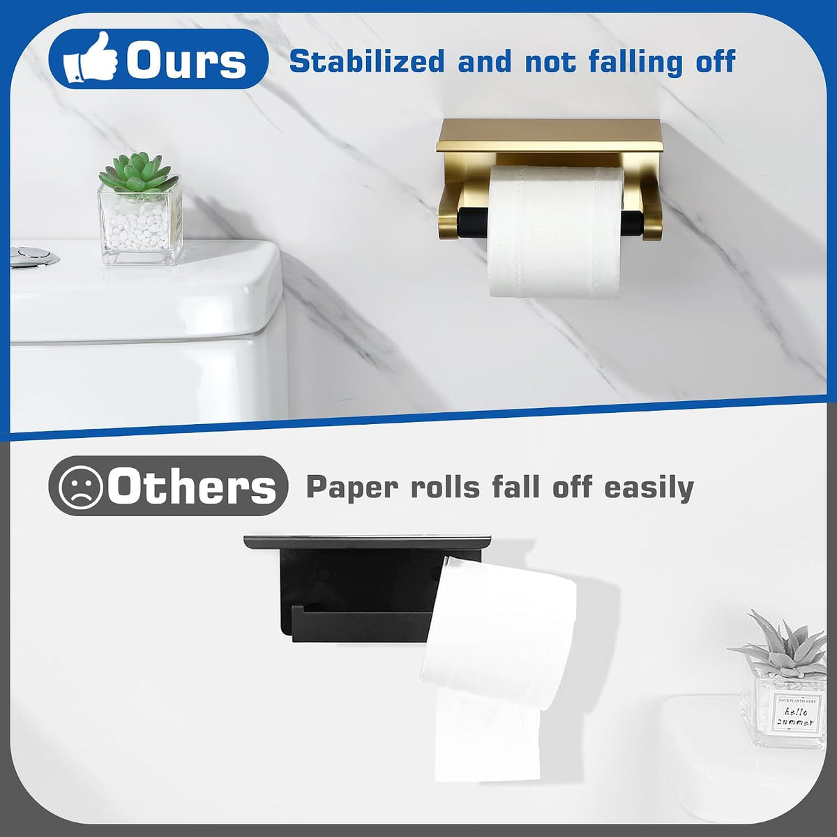 Alise Toilet Paper Holder with Shelf Wall Mount Adhesive or Screw in,Gold