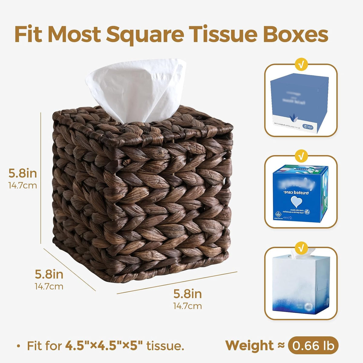 2PC Wicker Tissue Box Cover, Rattan Tissue Box Holder Square, Boho Decorative Woven Water Hyacinth Cube Tissue Holders for Bathroom Living Room Kitchen（Coffee）