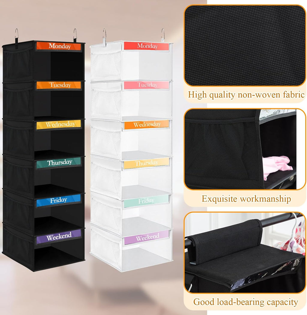 Amylove 2 Pcs 6 Shelf Hanging Weekly Clothes Organizer for Kid,Black,White