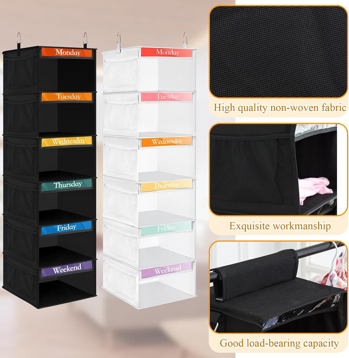Amylove 2 Pcs 6 Shelf Hanging Weekly Clothes Organizer for Kid,Black,White