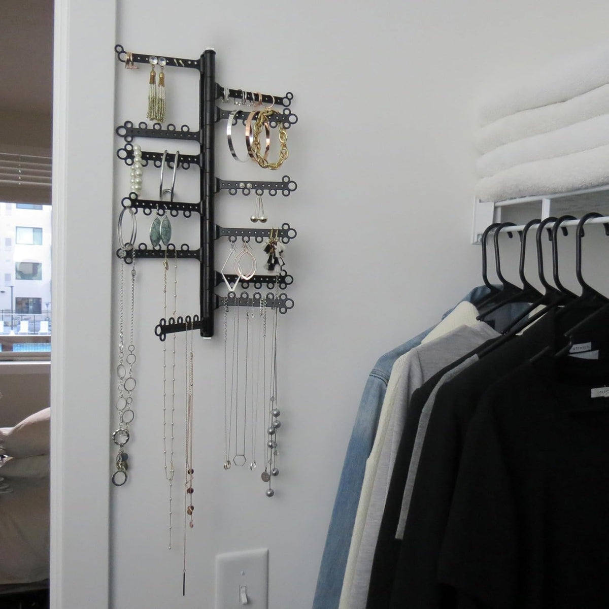 12-Tier Hanging Wall Jewelry Organizer, Earring,Necklace,Ring Holder-Black