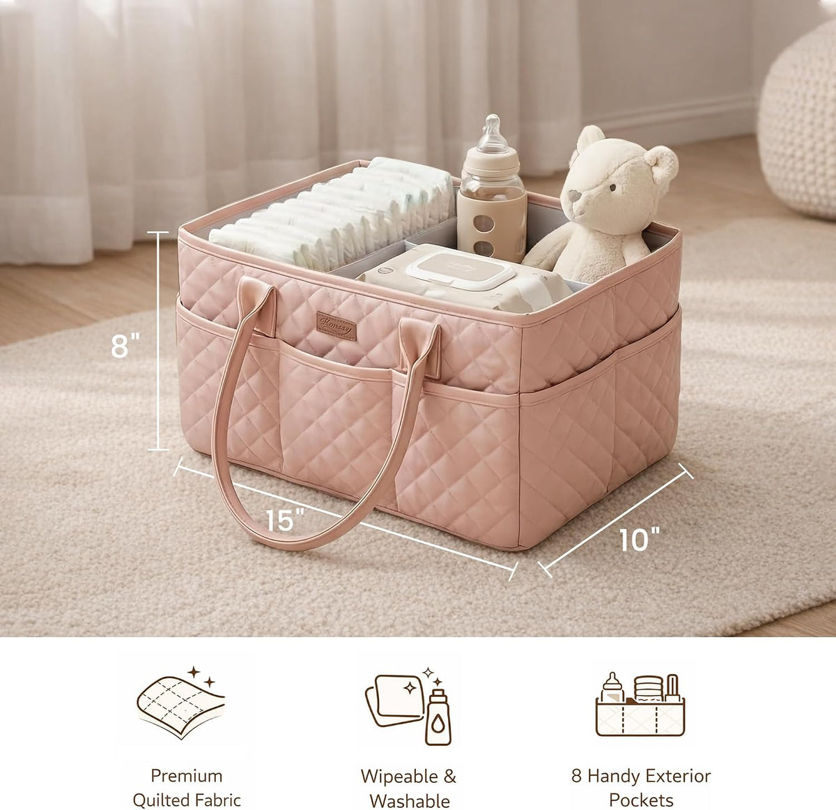 Konssy Baby Diaper Caddy Organizer, Solid Design with PU Leather Handles