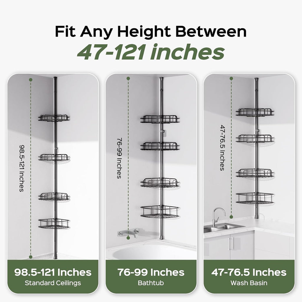 HAMITOR Corner Shower Caddy Tension Pole: No-Drill Rustproof Bathroom Shelf