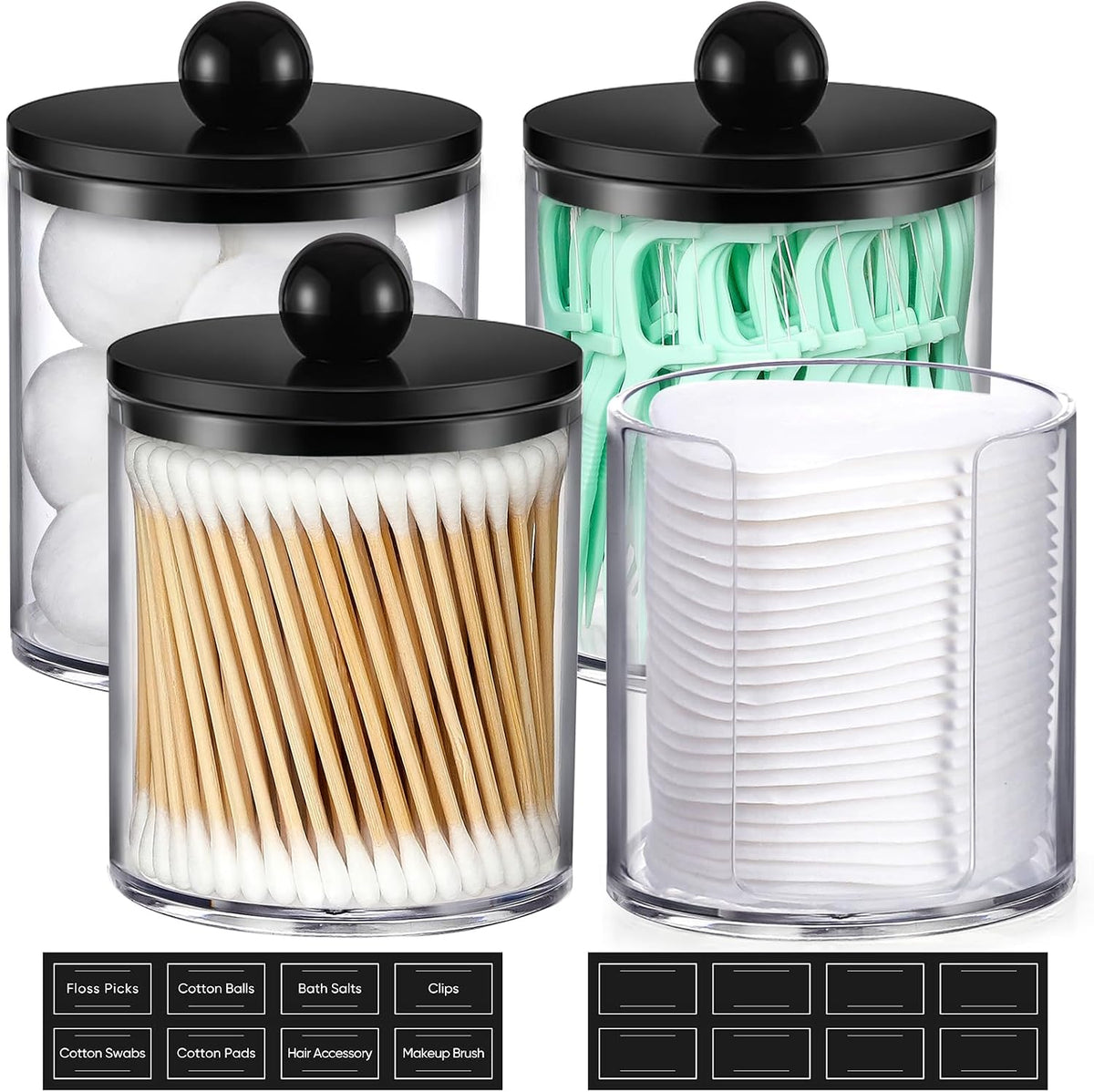4 Pcs, Acrylic Qtip Holder Dispenser for Cotton Swab, Ball, Round Pads, Floss Picks - Plastic Apothecary Jar Set, Bathroom Canister Decor Storage Accessories, Vanity Makeup Organizer - Clear & Black