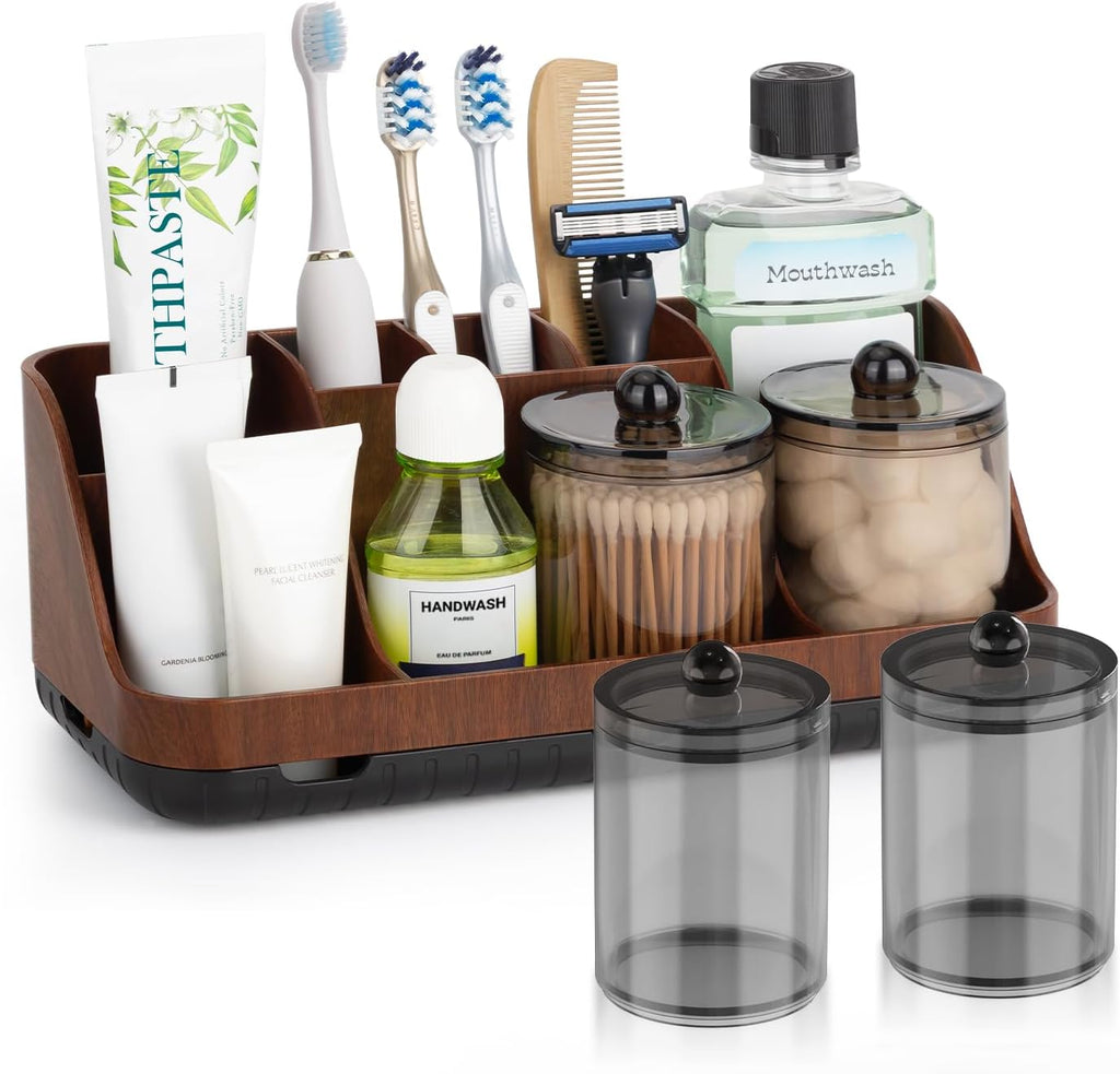 GFWARE Wood Bathroom Toothbrush Holder Set with 2 Qtip Holder Dispenser