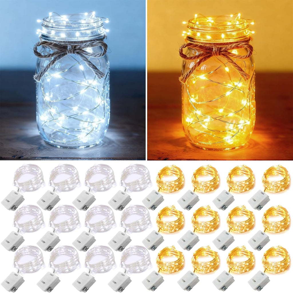 24 Pack Fairy Lights Battery Operated [3 Modes] 7ft 20 LED Mini Twinkle String Lights Waterproof Silver Wire Firefly Starry Lights for Wedding Party Mason Jars Christmas Decor, Warm White & Cool White
