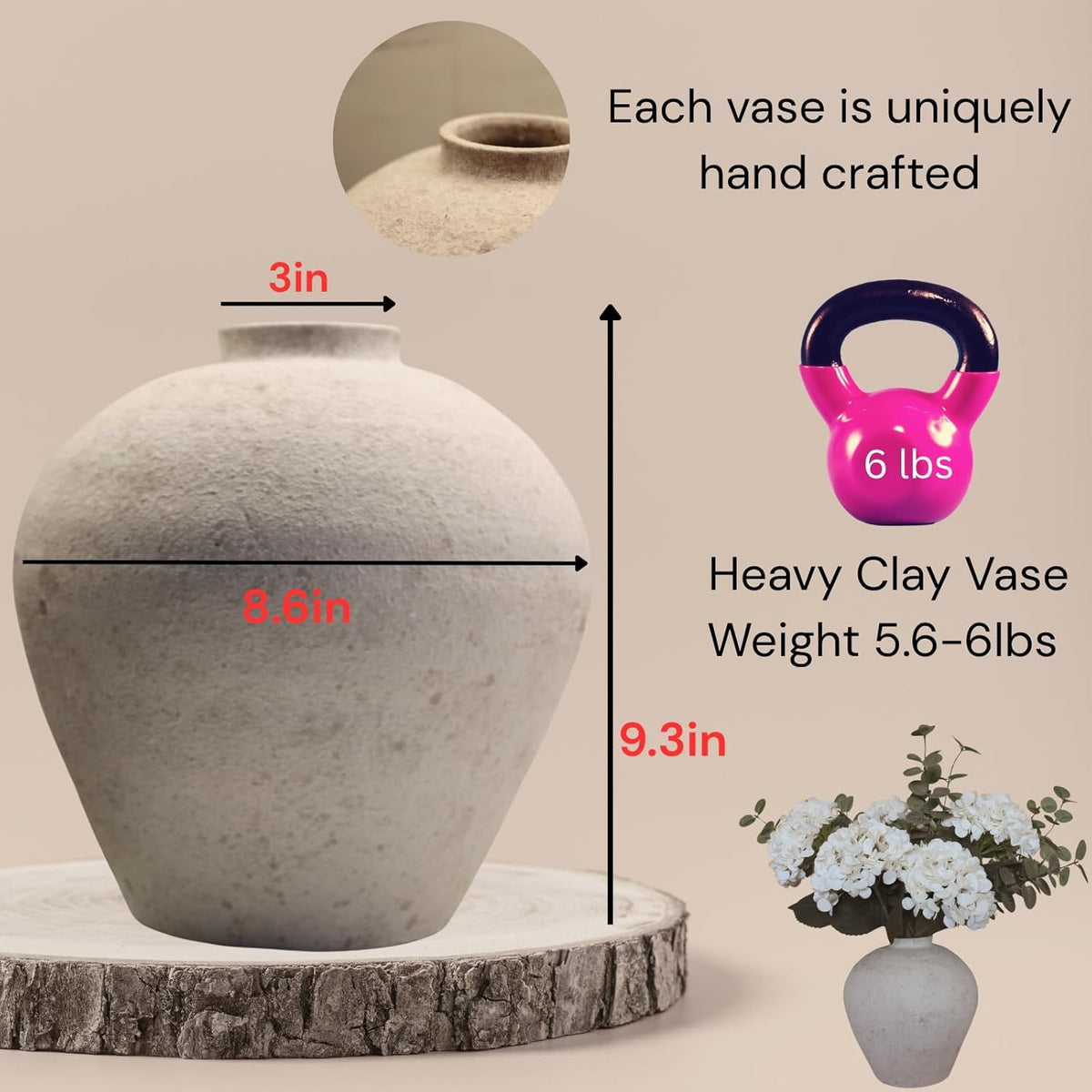 Handemade Large Round Vase for Centerpieces, White Farmhouse Rustic Vase