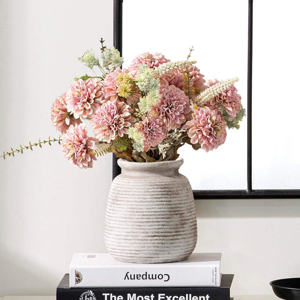 Ceramic Flower Vase, Small Vase Rustic Farmhouse Vases Home Decor Short Pottery Decorative Pampas Vase for Table Living Room Entryway Mantel Bookshelf Bedroom Bathroom Kitchen - 6" D